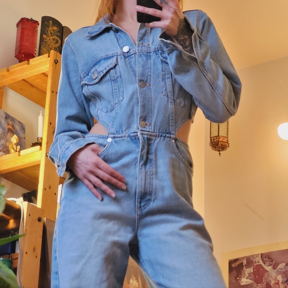Bloggers Fav Zara Limited Edition Cut Out Side Distressed Denim Jumpsuit - S - Picture 3 of 11